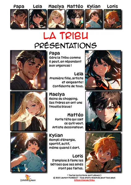La Tribu - Présentatins
Case 1 - Papa : Gére la Tribu comme il peut, en répondant aux urgences !
Case 2 - Leïa : Première fille, artiste et exigeante ! Confidente de tous.
Case 3 - Maelya : Reine du shopping. Ses frères en ont une trouille bleue !
Case 4 - Mattéo : Forte tête qui sait ce qu'il veut. Artiste dessinateur.
Case 5 - Kylian : Rempli d'énergie, sportif, actif, même quand il dort.
Case 6 - Loris : S'emploie à faire les bêtises que ses aînés n'ont pas faites.

