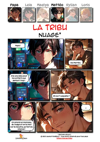 La Tribu - Correcteur
Case 1 - Mattéo : Papa !
Case 2 - Papa : Oui, Mattéo.
Case 3 - Mattéo : J'ai une idée pour les enfants qui parlent trop !
Case 4 - Papa : Ah oui ? Laquelle ?
Case 5 - Mattéo : On prend un morceau de nuage et on le met sur la bouche, ça fait du silence.
Case 6 - Papa : ...
