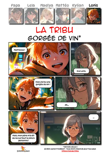 La Tribu - Gorgée de vin
Case 1 - Loris : Papa !
Case 2 - Maîtresse : Oui, Loris.
Case 3 - Loris : Hier, j'ai bu une gorgée de vin !
Case 4 - Maîtresse : Ah...
Case 5 - Loris : Mais, mon père m'a dit de ne surtout le dire à personne !
Case 6 - Maîtresse : ...

