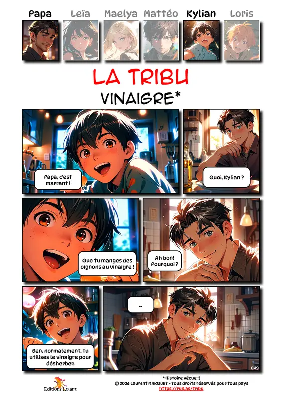 La Tribu - Vinaigre
Case 1 - Kylian : Papa, c'est marrant !
Case 2 - Papa : Quoi, Kylian ?
Case 3 - Kylian : Que tu manges des oignons au vinaigre !
Case 4 - Papa : Ah bon § Pourquoi ?
Case 5 - Kylian : Ben, normalement, tu utilises le vinaigre pour désherber.
Case 6 - Papa : ...
