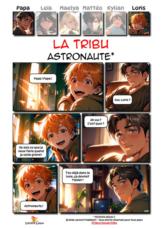 La Tribu - Astronaute
Case 1 - Loris : Papa ! Papa !
Case 2 - Papa : Oui, Loris ?
Case 3 - Loris : Je sais ce que je veux faire quand je serai grand !
Case 4 - Papa : Ah oui ? C'est quoi ?
Case 5 - Loris : Astronaute !
Case 6 - Papa : T'es déjà dans la lune, ça devrait t'aider !
